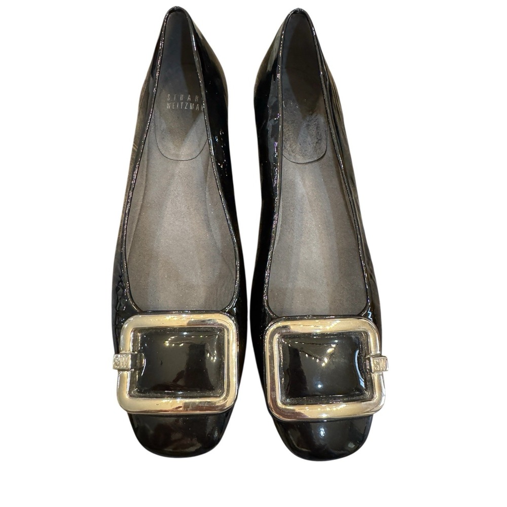 Stuart Weitzman Black Patent Ballet Slippers Size 6.5 Silver Buckle 1/2" Heel